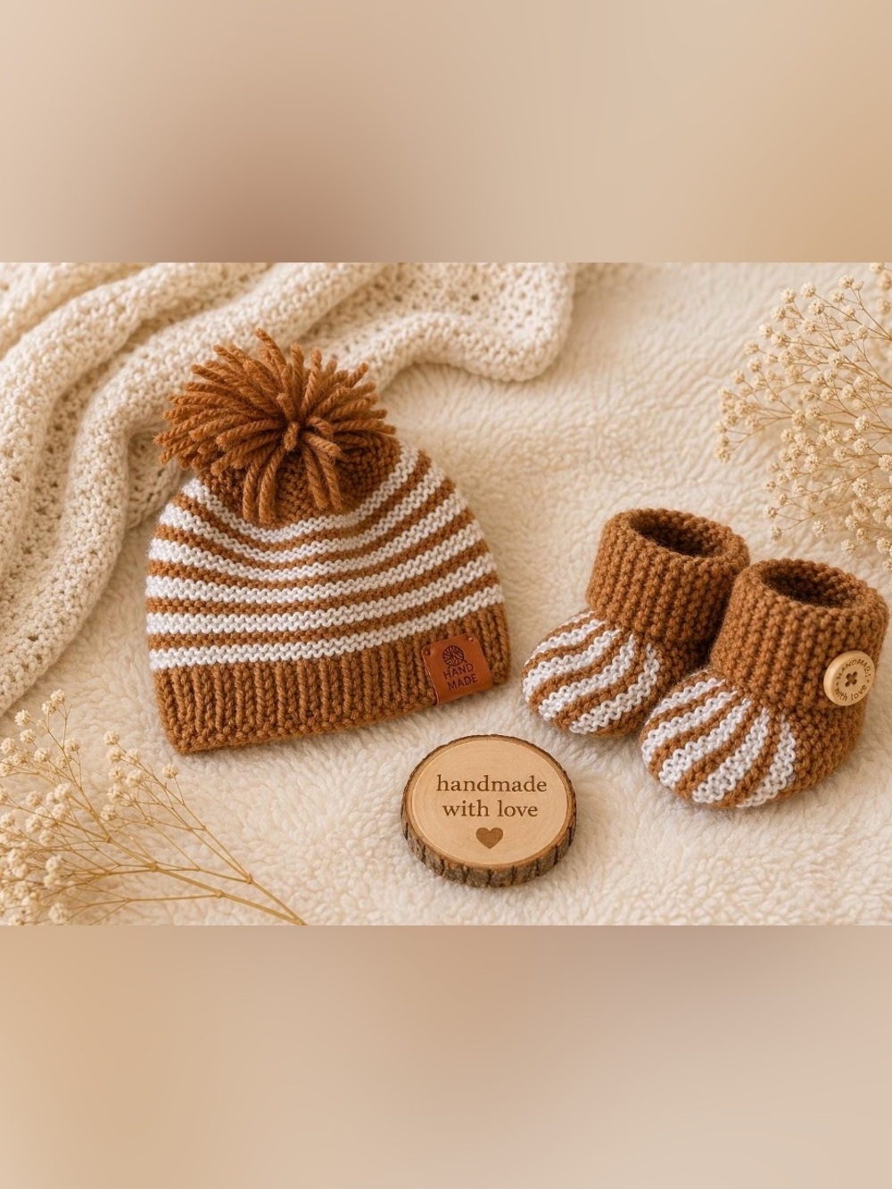 Hand Made Striped Knit Beanie & Booties Set - Brown & White